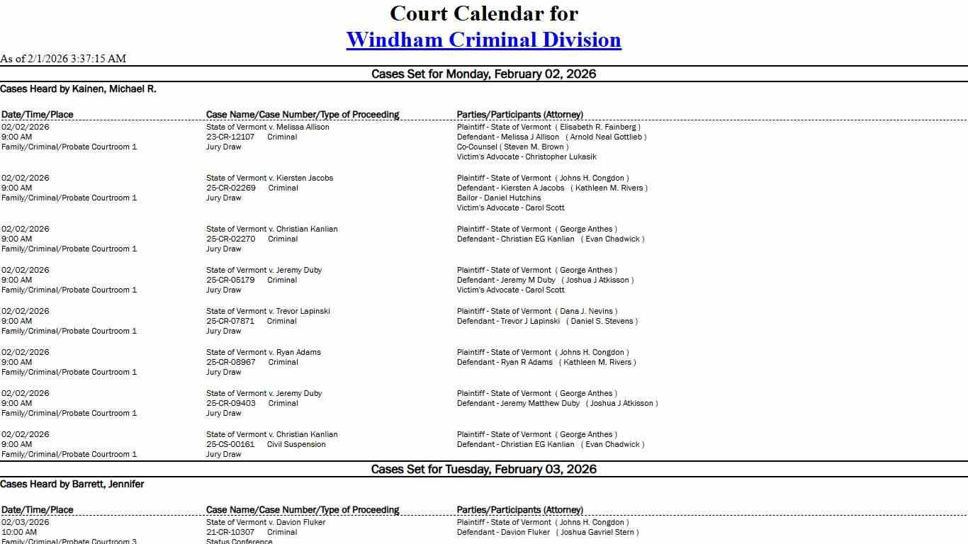 Windham Criminal Division Calendar