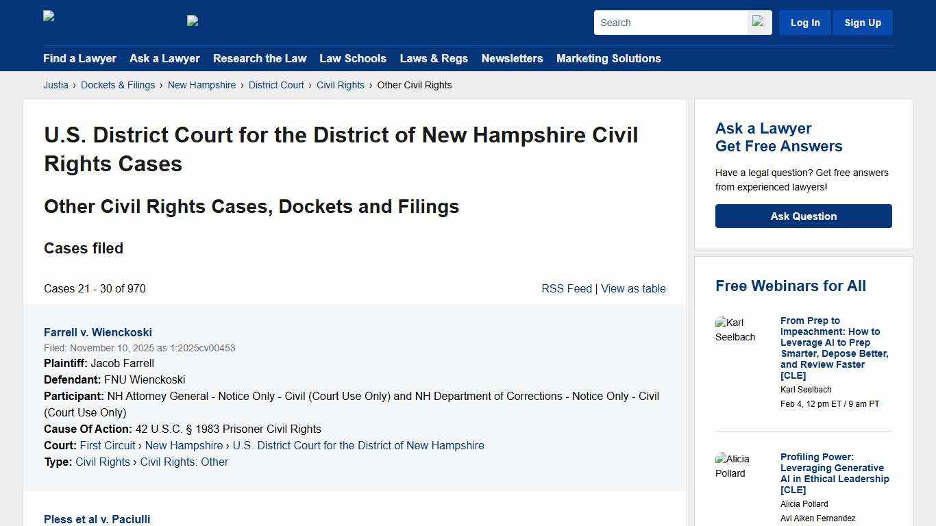 Other Civil Rights Cases, Dockets and Filings in the U.S. District Court for the District of New Hampshire Justia Dockets & Filings